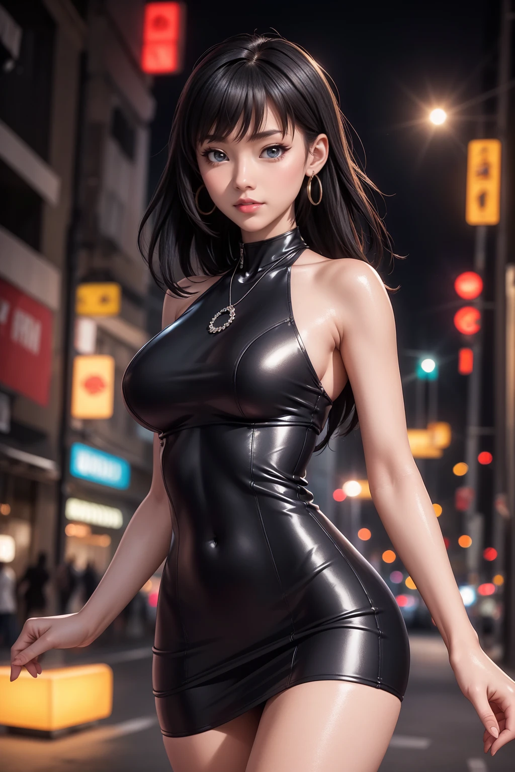 8 k, masterpiece, RAW photo, Best quality, Detail:1.2),Photorealistic, Extremely Detailed CG unifies 8 k, 8 k, diamond, and wallpaper, depth of field, Cinematic light, Lens flare, ray tracing, (Incredibly beautiful face, Beautiful lips, beautiful eyes), intricate Detail face, ((ultra Detailed skin)) 1 girl, Cute Korean girl, K-pop idol,(slim, toned body), ((view viewer)), (bodycon mini dress), (Injection sleeve) , Background Night City, (Neon lamps), Cute Korean girl, earrings, Clear eyes, to walk , (Pale skin),  (big eyes), ((upper body punches)), bodycon mini dress, tight mini dress , colorful mini dress, Plain dress, black necklace, Return, side shot, a slim body, Healthy Hips, hip gap