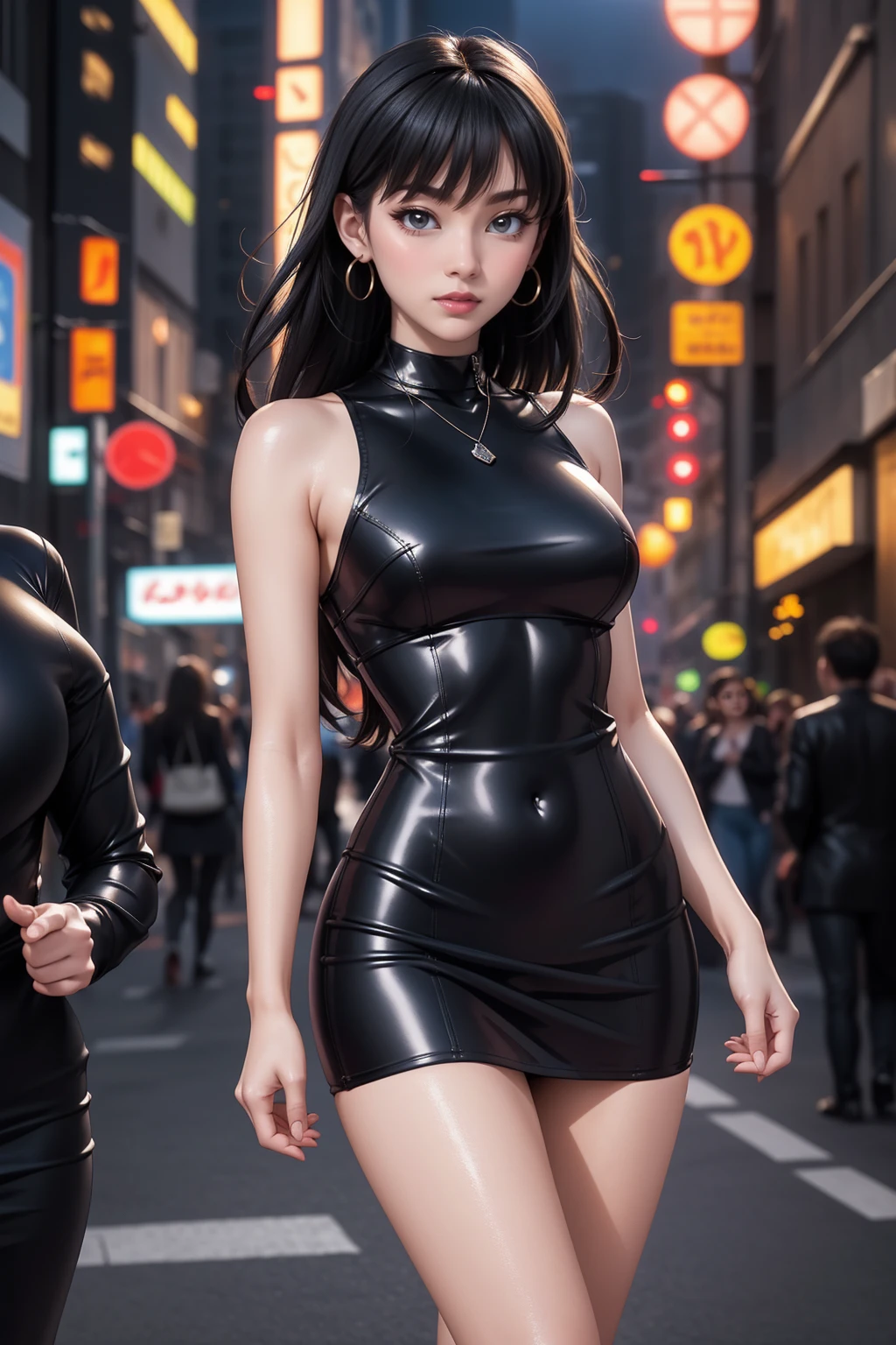 8 k, masterpiece, RAW photo, Best quality, Detail:1.2),Photorealistic, Extremely Detailed CG unifies 8 k, 8 k, diamond, and wallpaper, depth of field, Cinematic light, Lens flare, ray tracing, (Incredibly beautiful face, Beautiful lips, beautiful eyes), intricate Detail face, ((ultra Detailed skin)) 1 girl, Cute Korean girl, K-pop idol,(slim, toned body), ((view viewer)), (bodycon mini dress), (Injection sleeve) , Background Night City, (Neon lamps), Cute Korean girl, earrings, Clear eyes, to walk , (Pale skin),  (big eyes), ((upper body punches)), bodycon mini dress, tight mini dress , colorful mini dress, Plain dress, black necklace, Return, side shot, a slim body, Healthy Hips, hip gap