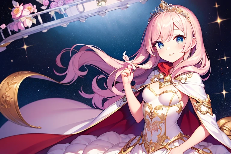 (kawaii),(best quality),(ultra detailed),(rococo style),(long train pastel pink cape:1.15), very long cape,(long train white ball gown with flower decorations:1.1), a girl is wearing a cape over her gown, 1 little princess, tiara, smile, very long hair, small breasts, beautiful detailed eyes, beautiful detailed lips