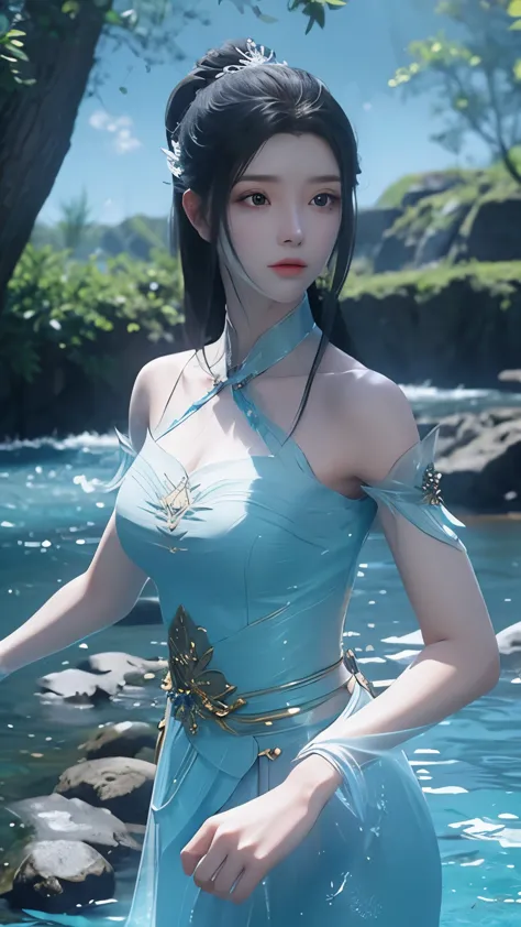 Arapei wearing a blue and white dress standing in the water, anime manga girl walking on water, water magic closeup fantasy, Azu...