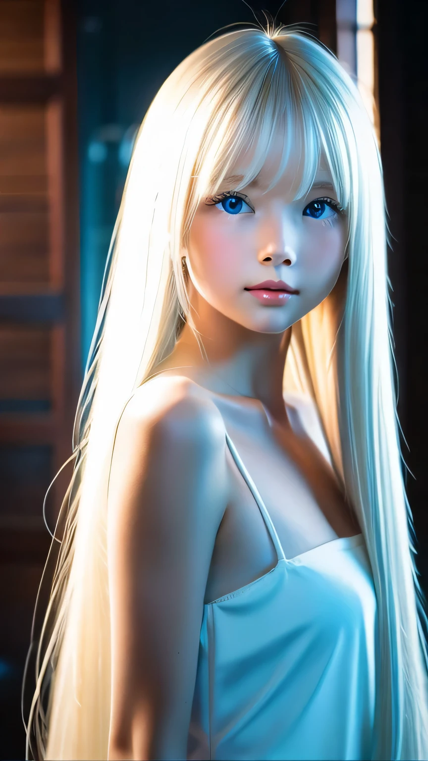Shiny, beautiful white skin、Hair color changes depending on the light、Long straight bangs obstruct the view、cheek gloss highlights、sexy and very beautiful, Ladylike, cute, gorgeous face、the most beautiful face in the world、The most beautiful super long platinum blonde hair in the world、smooth, Super Long Straight Silky Hair、bright light blue eyes, lighting equipment、beautiful pony、Beautiful 15 year old Swedish girl、baby face