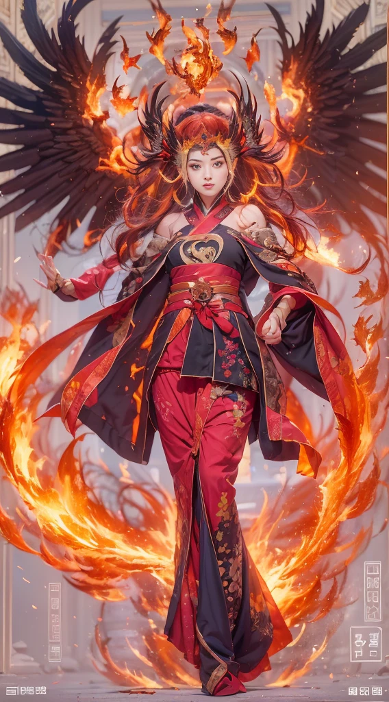 (full body portrait), (close up) ,1 girl，korean girl, 17 years old, Fire mage wearing fiery red clothes（Chinese Hanfu），The robe is embroidered with intricate runes，Decorated with a burning scent。He was tall and strong，Raise your hand，Powerful fire spells are being unleashed, His eyes are firm and sharp，A fire flashed in the flame mage&#39;s eyes，（A huge flaming phoenix spreads its wings and flies：1.2),（Phoenix feathers burn with blazing flames), it sparkles，Its body is surrounded by flame feathers，Dancing，Forming a spectacular flame hexagonal star array pattern，Full of mysterious magic，The whole scene is full of fiery aura and passion for fighting，Large fire spells bloom in the air，A brilliant arc of flames and splashing sparks form，（Fire Mage and Phoenix），Look majestic and mysterious in the raging fire，Like the embodiment of fire and magic，Red hair，high detail，Surrealism，realism，（（Half-length photo）），（real picture：1.4），（chiaroscuro），movie lighting，Realistic special effects，Render by Octane，Ray tracing，panoramic，perspective，textured skin，Ultra-detailed，ultra high definition，masterpiece，anatomically correct，best quality，high resolution，8K