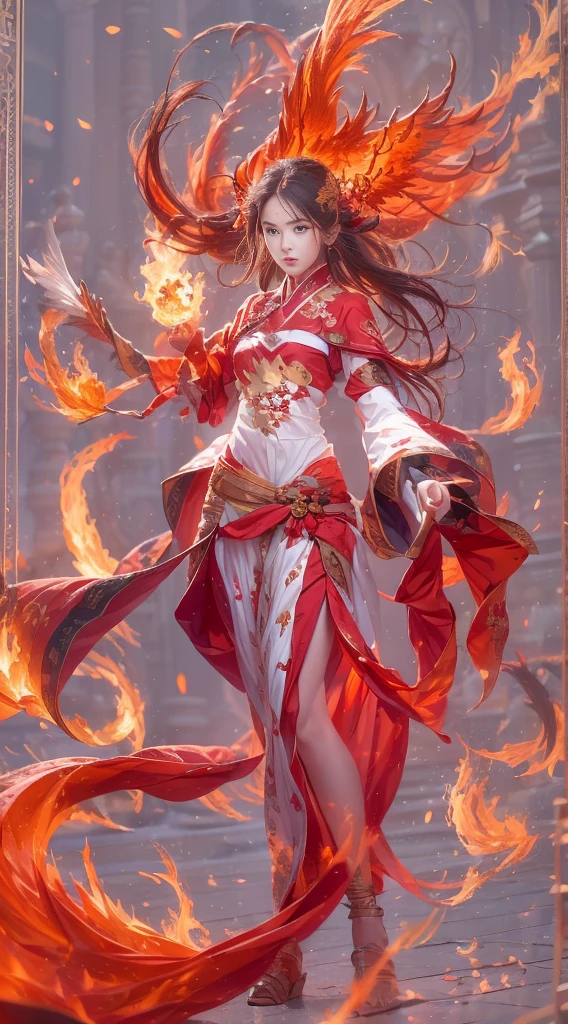 (full body portrait), (close up) ,1 girl，korean girl, , Fire mage wearing fiery red clothes（Chinese Hanfu），The robe is embroidered with intricate runes，Decorated with a burning scent。He was tall and strong，Raise your hand，Powerful fire spells are being unleashed, His eyes are firm and sharp，A fire flashed in the flame mage&#39;s eyes，（A huge flaming phoenix spreads its wings and flies：1.2),（Phoenix feathers burn with blazing flames), it sparkles，Its body is surrounded by flame feathers，Dancing，Forming a spectacular flame hexagonal star array pattern，Full of mysterious magic，The whole scene is full of fiery aura and passion for fighting，Large fire spells bloom in the air，A brilliant arc of flames and splashing sparks form，（Fire Mage and Phoenix），Look majestic and mysterious in the raging fire，Like the embodiment of fire and magic，Red hair，high detail，Surrealism，realism，（（Half-length photo）），（real picture：1.4），（chiaroscuro），movie lighting，Realistic special effects，Render by Octane，Ray tracing，panoramic，perspective，textured skin，Ultra-detailed，ultra high definition，masterpiece，anatomically correct，best quality，high resolution，8K