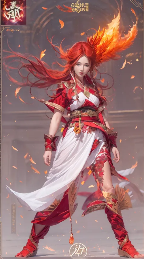 (full body portrait), (close up) ,1 girl，korean girl, 17 years old, Fire mage wearing fiery red clothes（Chinese Hanfu），The robe ...