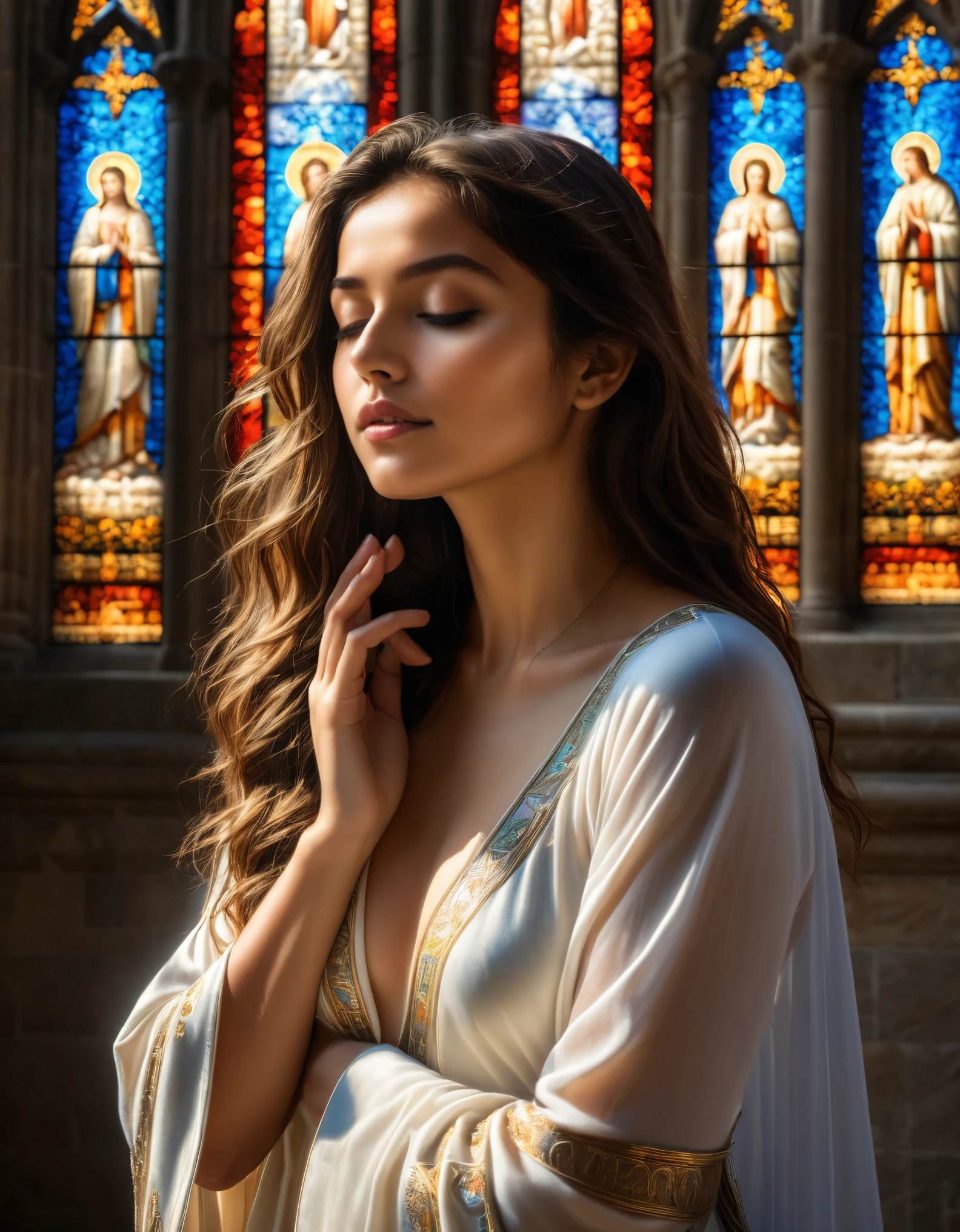 (mejor calidad, 4k, 8K, Alta resolución, obra maestra: 1.2), Súper detallado, (Realista, Fotorrealista, Fotorrealista: 1.37), catedral, 1 hermosa niña rezando a Dios, desnudo, Foto Artística , belleza pura, luz del sol brillando a través de vidrieras, Una expresión amable, inocente y soñador, una atmósfera impresionante, un silencioso susurro de devoción, una conexión sagrada, un momento trascendente, lo sagrado, un sueño. Como la calidad, Iluminación sublime, esplendor arquitectónico, abrazo divino, tallados y grabados exquisitos, aura celestial, Viaje espiritual, Colores vibrantes, luz moteada, radiante fantástico, Reinos celestiales. , las curvas gráciles de una niña acentuadas por la luz del sol, la figura femenina celebrada como arte, soledad de oración, Serenidad pacífica, Iluminación espiritual, deseo implícito, un toque de vulnerabilidad, una cualidad celestial etérea, realismo magico, Detalle exquisito, composición poética, (NSFW:1.3)