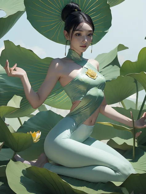 1girl, solo,（lotus），yoga pants，lotus leaf fairy，anatomically correct，Ultra-clear，masterpiece，3D，skin texture，realistic，Gorgeous ...