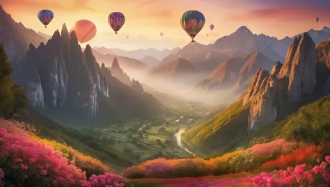 "a hot air balloon slowly ascends from between the peaks of mountains, revealing their contours under the soft glow of the pre-s...