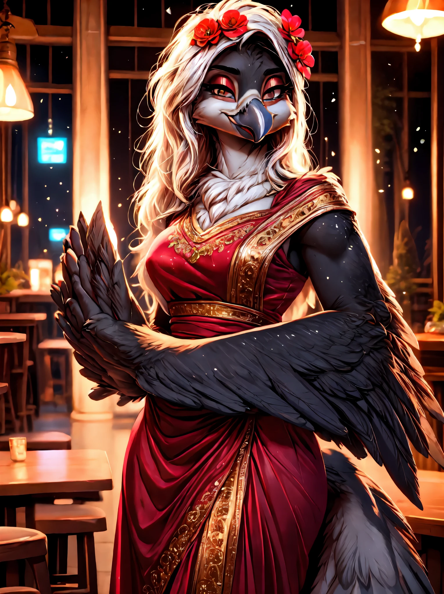 (((anthro Griffin))),(((cafe))),((Lover-like relationship)),((Dress)),smile,((flower hair ornament)),female, ((((winged-arms)))), portrait, Medium breasts, beak,cute,Super high quality,masterpiece,heart shaped pupils,(highest quality,4k,8K,High resolution,masterpiece:1.2), Super detailed, HDR, UHD, studio lightning, ultra-fine goodinting, sharp focus, Physically based rendering, extrine detail description, Professional, Bright colors, Bokeh, (in) you bring, landscape, photograph, concept artist (Style), (with) vibrant color goodlette, (good) soft lighting. ((jewelry)