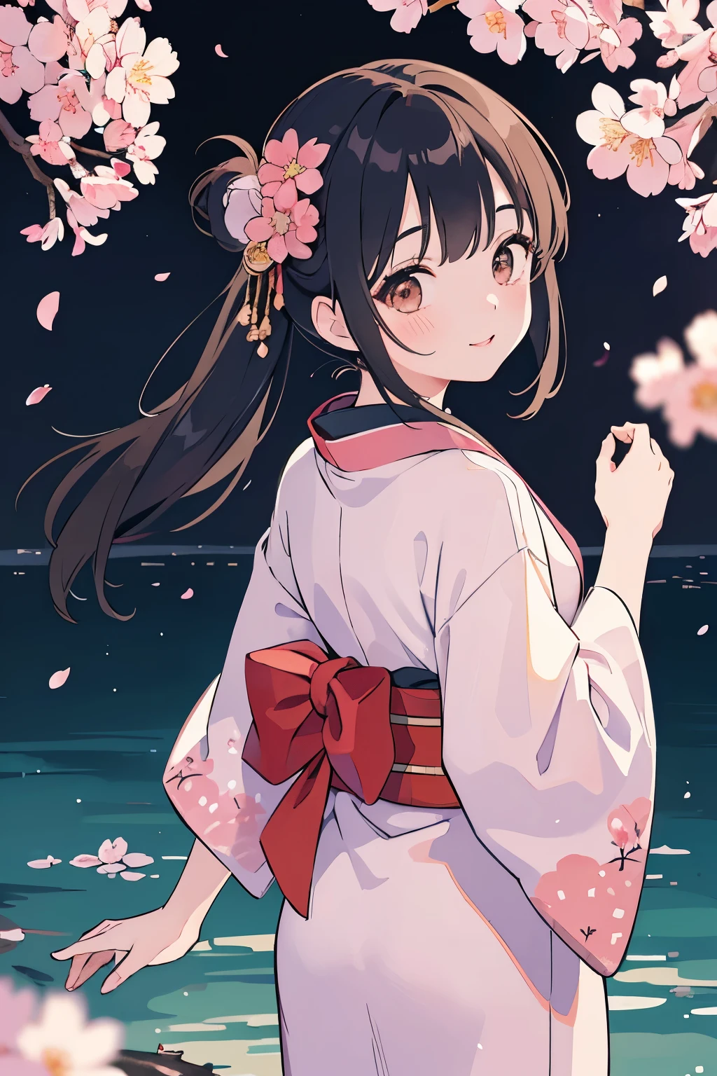 (8K, best quality, master piece: 1.2), super high resolution,1 girl,cute,ultra-detailed face,detailed eyes,brown eyes,upward glance,arms behind back,from back,smile,Japanese kimono costume,Kimono with cherry blossom pattern on black background,A gorgeously decorated obi,(chignon), pink cheek, makeup,black hair,Walking along the cherry blossom trees along the river,captivate your audience,Petals on the water surface,SakuraFubuki,Rim Light