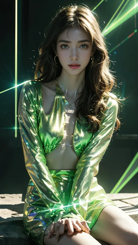 8K, ultra hd, masterpiece, 1 girl, (good face:1.4), detailed eyes, very long hair, impressive hairstyle, earings, necklace, small breasts, (glowing outfit:1.5), see-through, (green laser outfit:1.5), Light-colored foundation brings out the skin, (in the da...