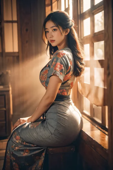 (dark shot:1.4), 80mm, (dark shot:1.4), masterpiece, best quality, game_cg, in summer, girl, solo, medium hair, white hair, looking at viewer, brown eyes, gigantic breasts nearly exposed, perfect booty, 80mm, epic realistic, painting of a geisha with europ...
