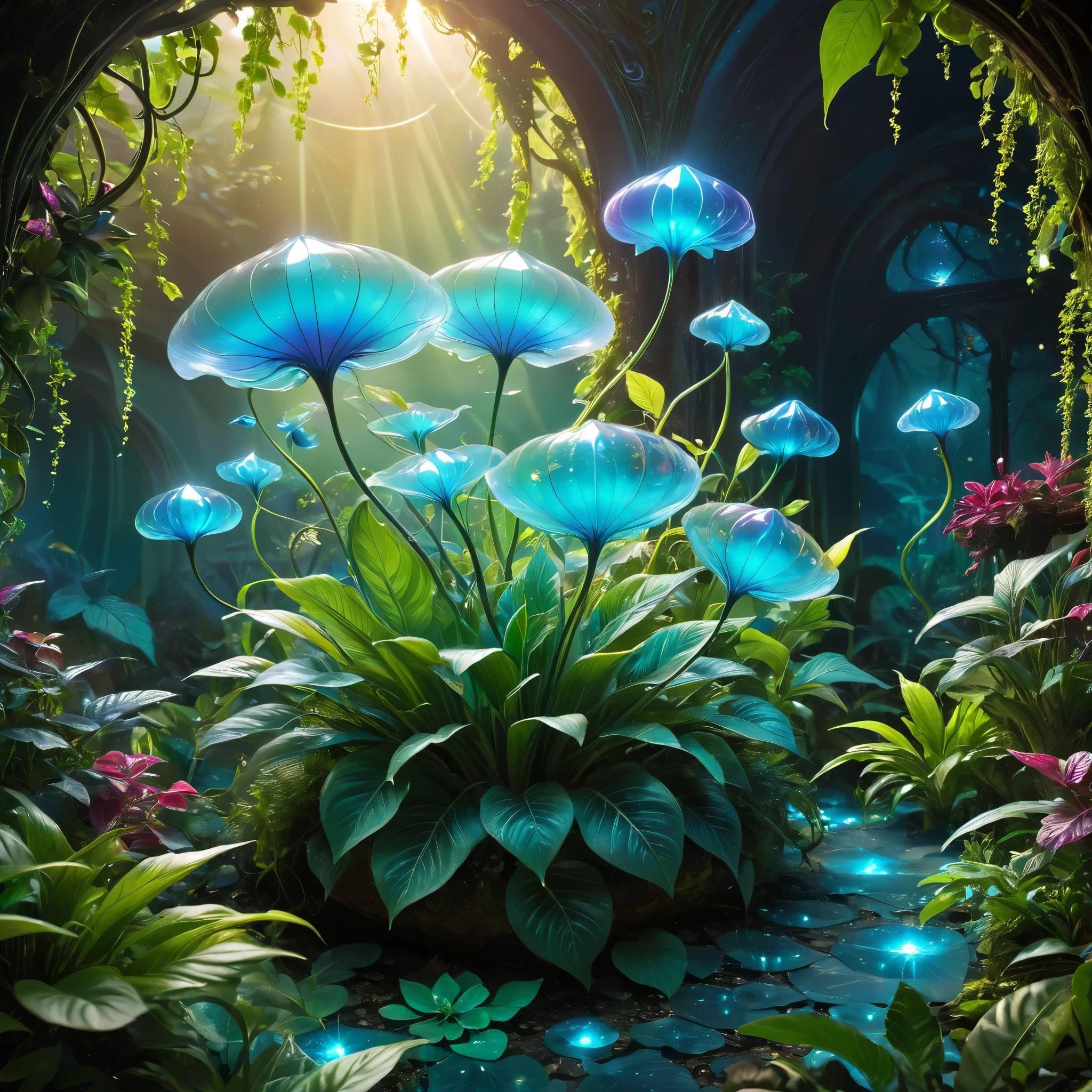 A group of blue flowers in a garden with a light shining through the ...