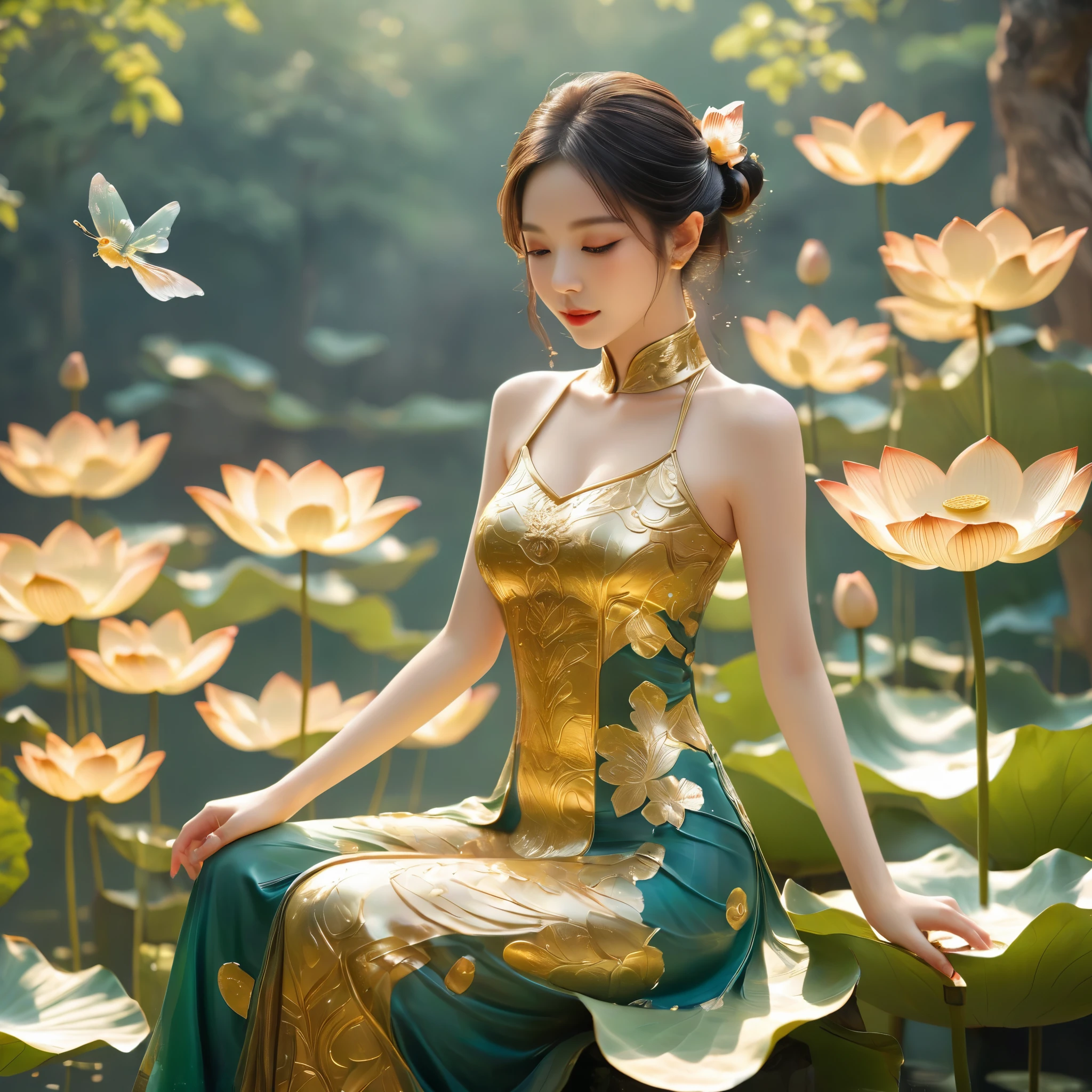 1fille, seulement,（lotus）， fée feuille de lotus，Anatomiquement correct，Extrêmement clair，chef-d&#39;œuvre，3D，Texture de la peau，Réaliste，Magnifiques hauts chinois traditionnels，Legging gaufré, rester，rêve d&#39;or