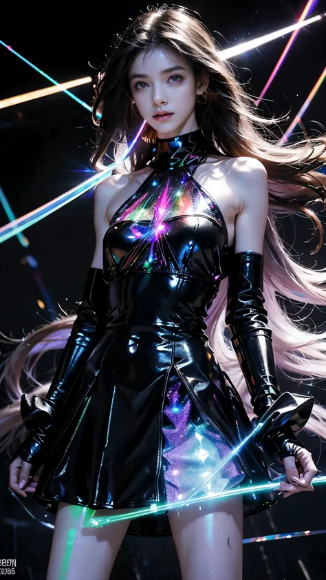 8K, ultra hd, masterpiece, 1 girl, (good face:1.4), detailed eyes, very long hair, impressive hairstyle, earings, necklace, small breasts, (glowing outfit:1.5), see-through, (black laser outfit:1.5), Light-colored foundation brings out the skin, (in the da...