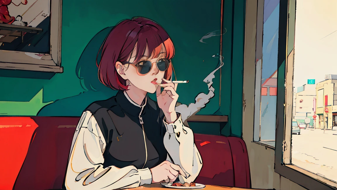 Beautiful redhead Asian girl sitting in a diner early in the morning, Visible from the window, perfect face, sunglasses, Smoking white Taylormade cigarettes, neon black, (with backlight: 1.1), hard shadow, masterpiece, highest quality, Complex, model shooting style, vintage, film grain, incomplete details、While eating