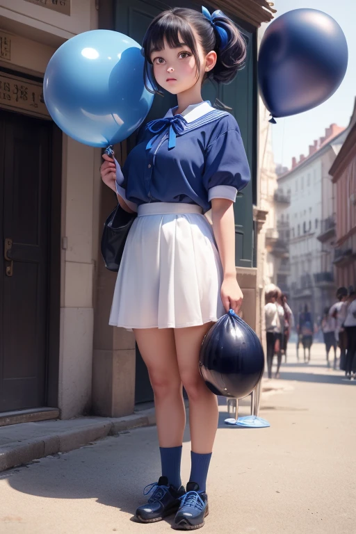 賣氣球的女孩, 一個14歲的女孩, (((她有一個藍色氣球))) , 真實照片, (((全身))), (低頭看著我),  鮑伯頭髮, 頭髮上的大絲帶, 海軍制服, 