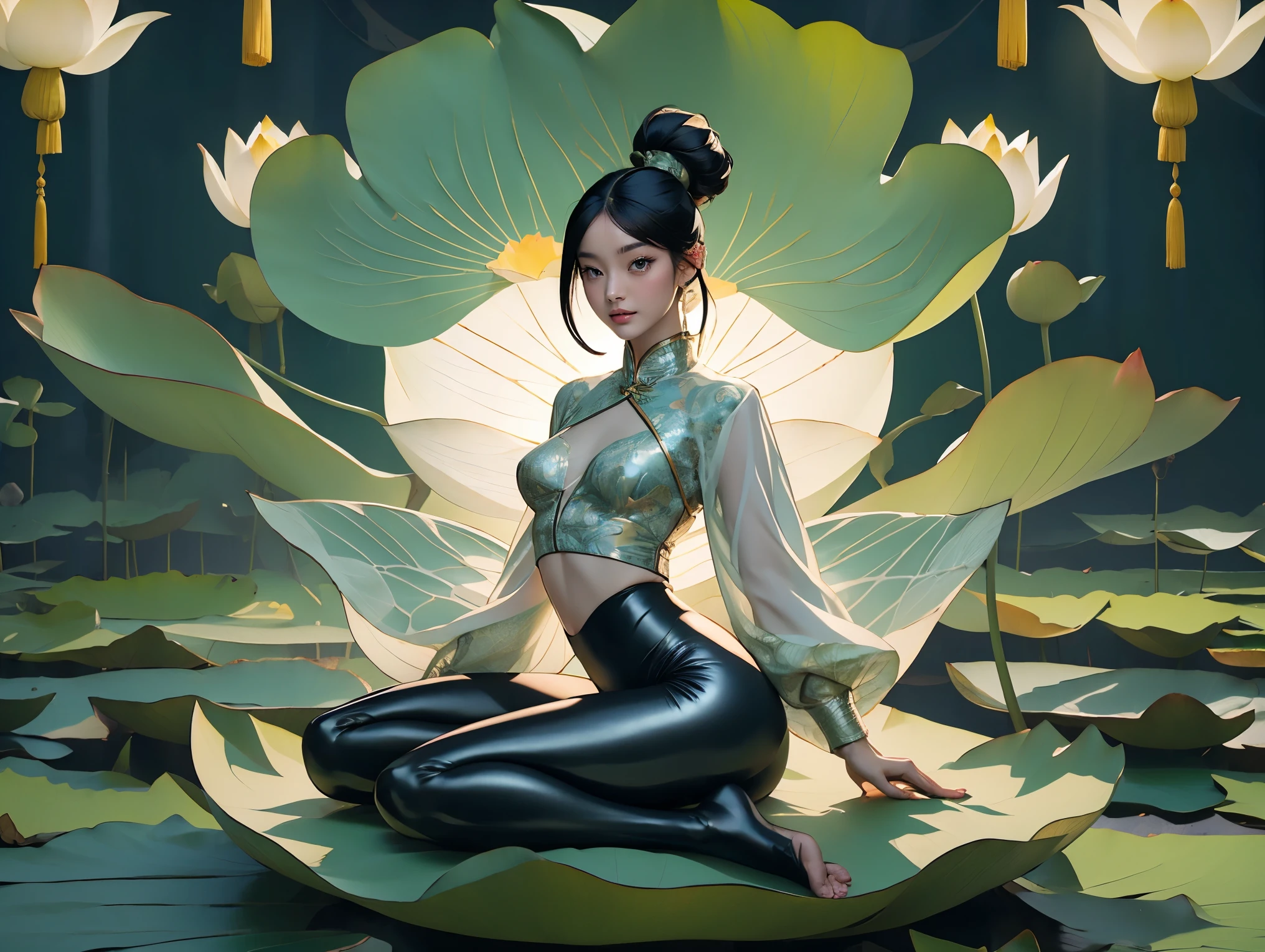 1girl, solo,（lotus），yoga pants，lotus leaf fairy，anatomically correct，Ultra-clear，masterpiece，3D，skin texture，realistic，Gorgeous traditional Chinese tops，Embossed leggings, shiny_astride，Sit on the lotus platform