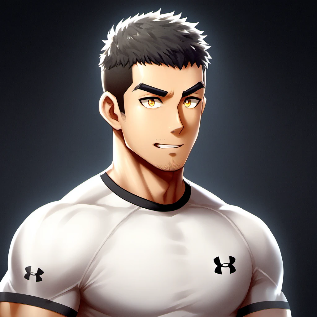 anime characters：Gyee, sports student, 1 young muscular man, male focus, Under Armour sports tight T-shirt, muscular male, muscular, only, Upper body, alone, Black short hair, Thick eyebrows, stubble, Yellow eyes, Black background, simple background, amazing quality, best aesthetics, Ridiculous, bright pupils, crew cut, parted lips, embarrassed, forced smile, best quality