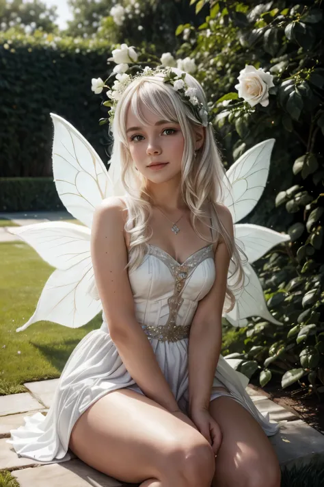 a ultra cute mythical fairy sitting inside of a ultra white rose bud, white rose garden, white rose, white mock orange bush, in ...