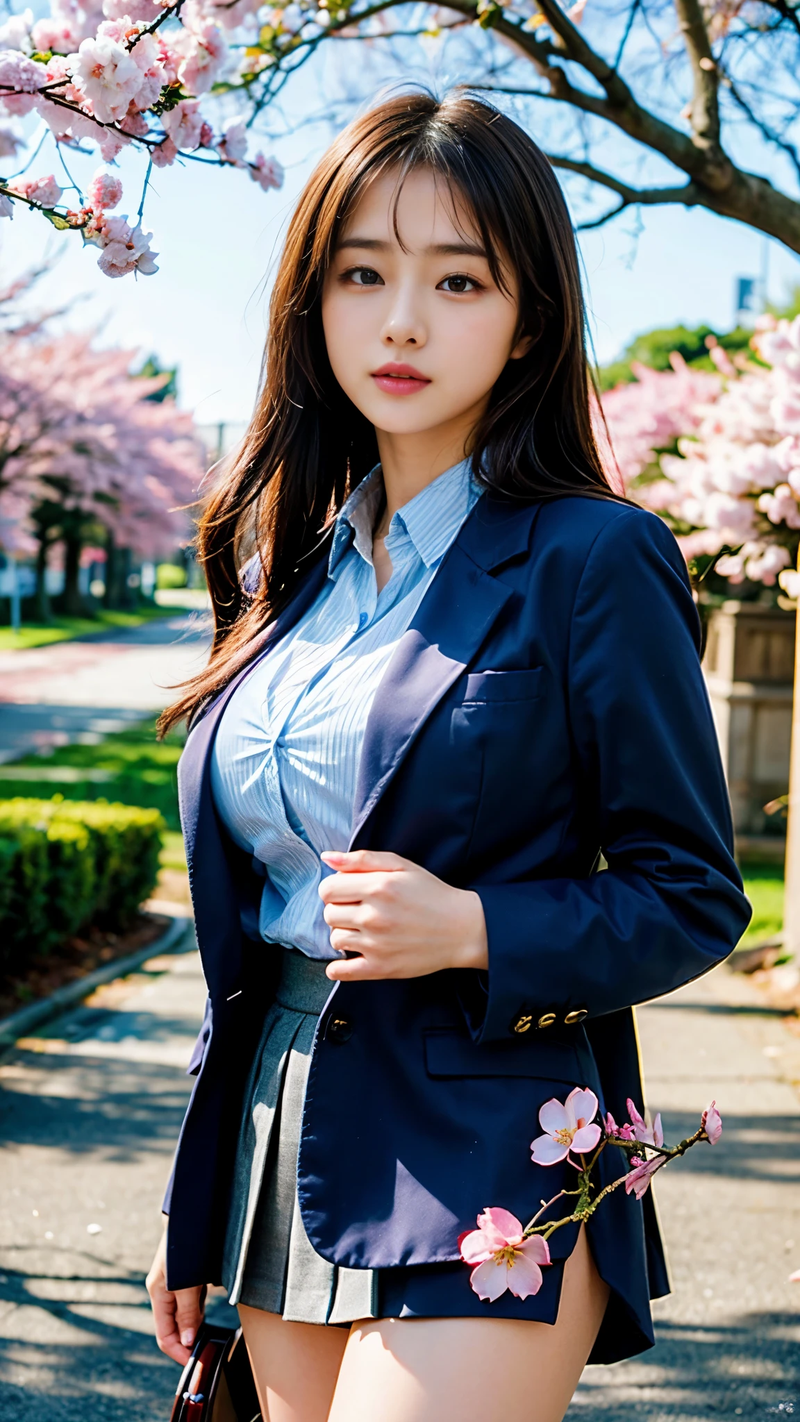 graduation ceremony、high school girl、uniform 、navy blue blazer、Cherry tree in full bloom、Cherry blossom confetti、perfect proportions、cute、(big breasts:1.2)、((18 year old female:1.2))、young adorable japanese face，official art，Highly detailed CG Unity 8K wallpaper，（masterpiece:1.0),(highest quality:1.0), 超A high resolution,4k,Super detailed, photo shoot, 8K, nffsw, High resolution, kodak portrait 400, film grain, lens flare glow,高いest quality,8K,nffsw:1.2),portrait shot,8K、View viewer