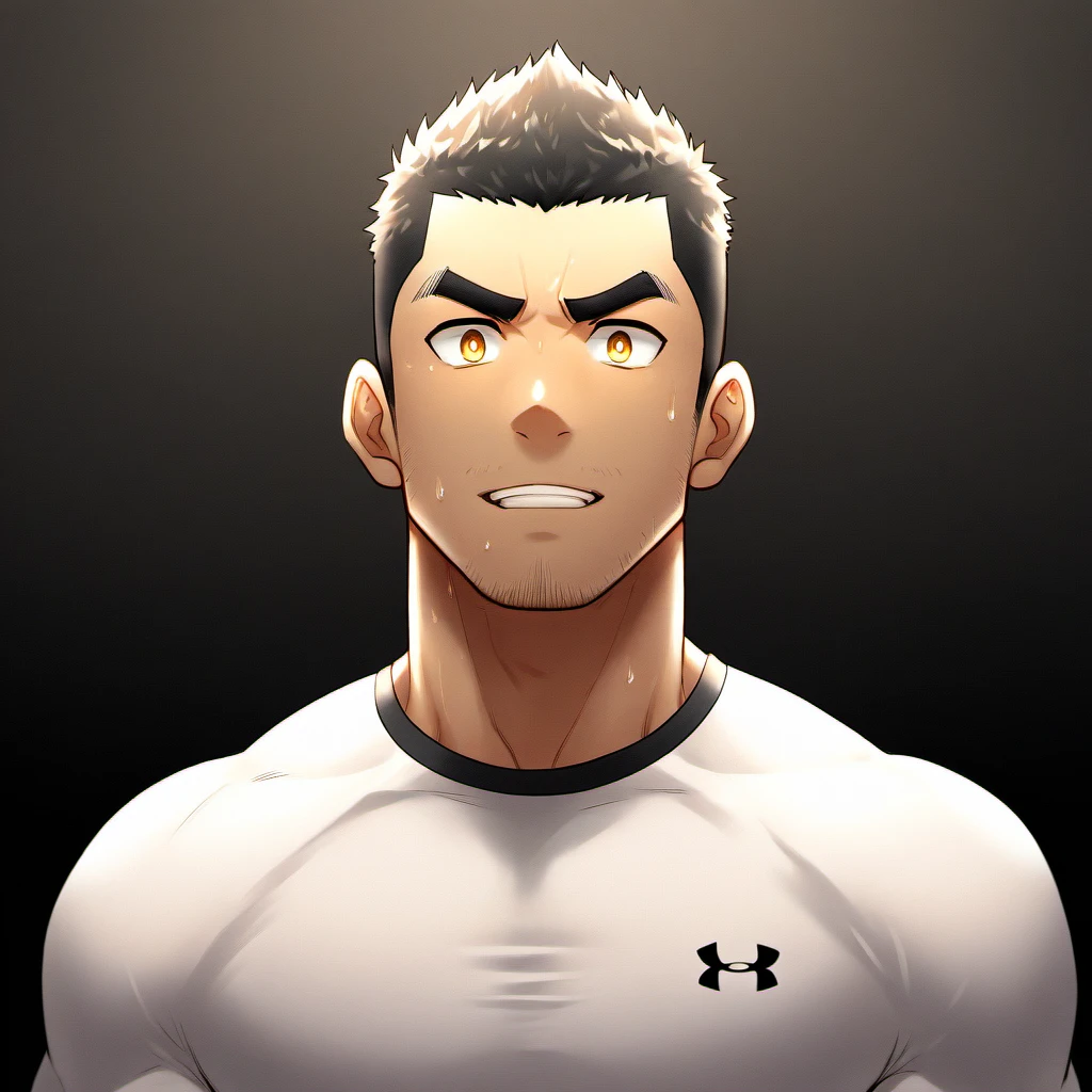 anime characters：Gyee, P.E. teacher, 1 young muscular man, male focus, Under Armour sports tight T-shirt, Slightly transparent, Sweat soaked tights, muscular male, muscular, only, Upper body, alone, Black short hair, Thick eyebrows, stubble, Yellow eyes, Black background, simple background, amazing quality, best aesthetics, Ridiculous, bright pupils, crew cut, parted lips, embarrassed, forced smile, best quality