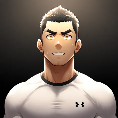 anime characters：Gyee, P.E. teacher, 1 young muscular man, male focus, Under Armour sports tight T-shirt, Slightly transparent, ...