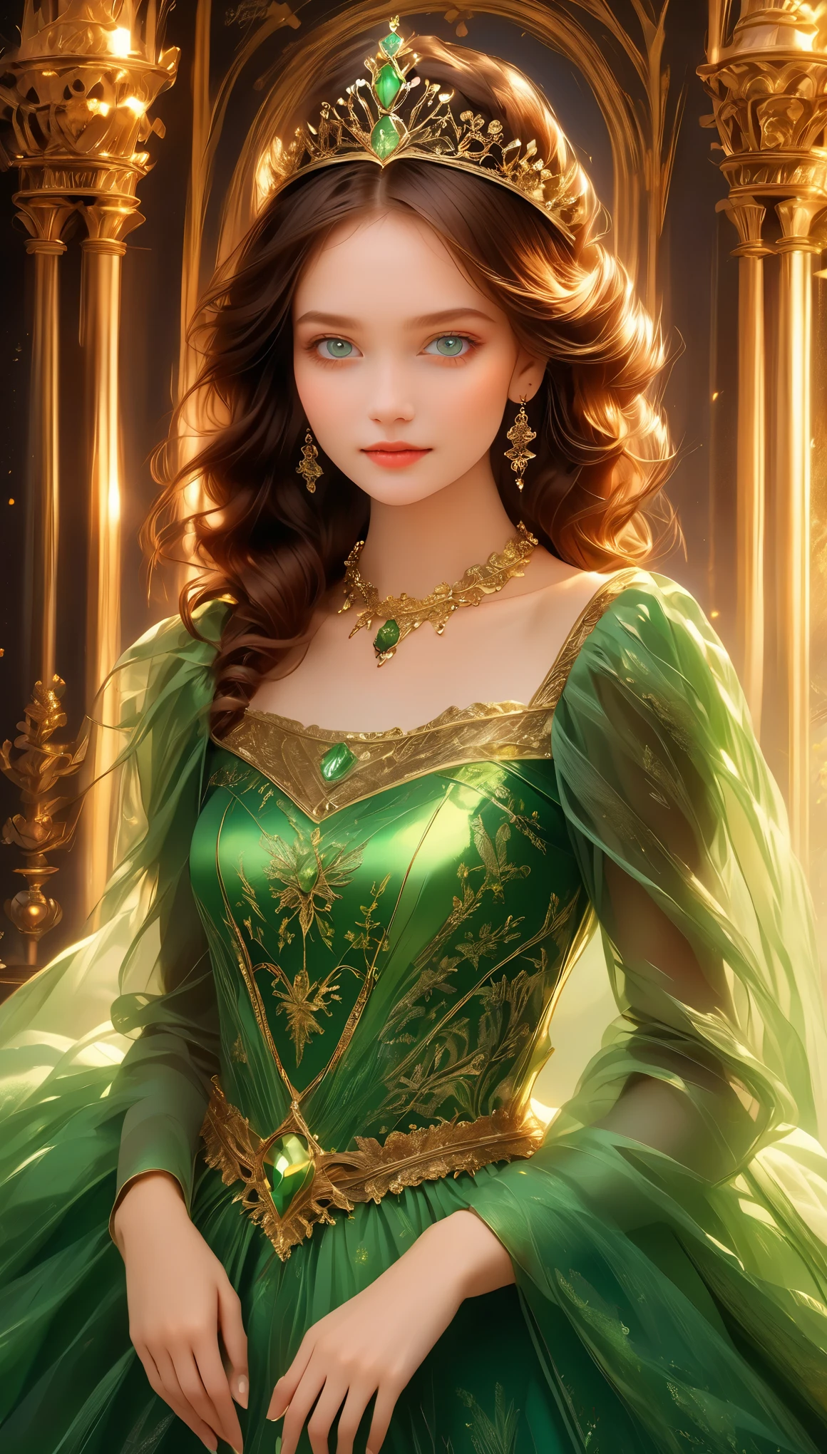 شابة, شعر بني, عيون خضراء, فستان ملكي أخضر, أميرة.