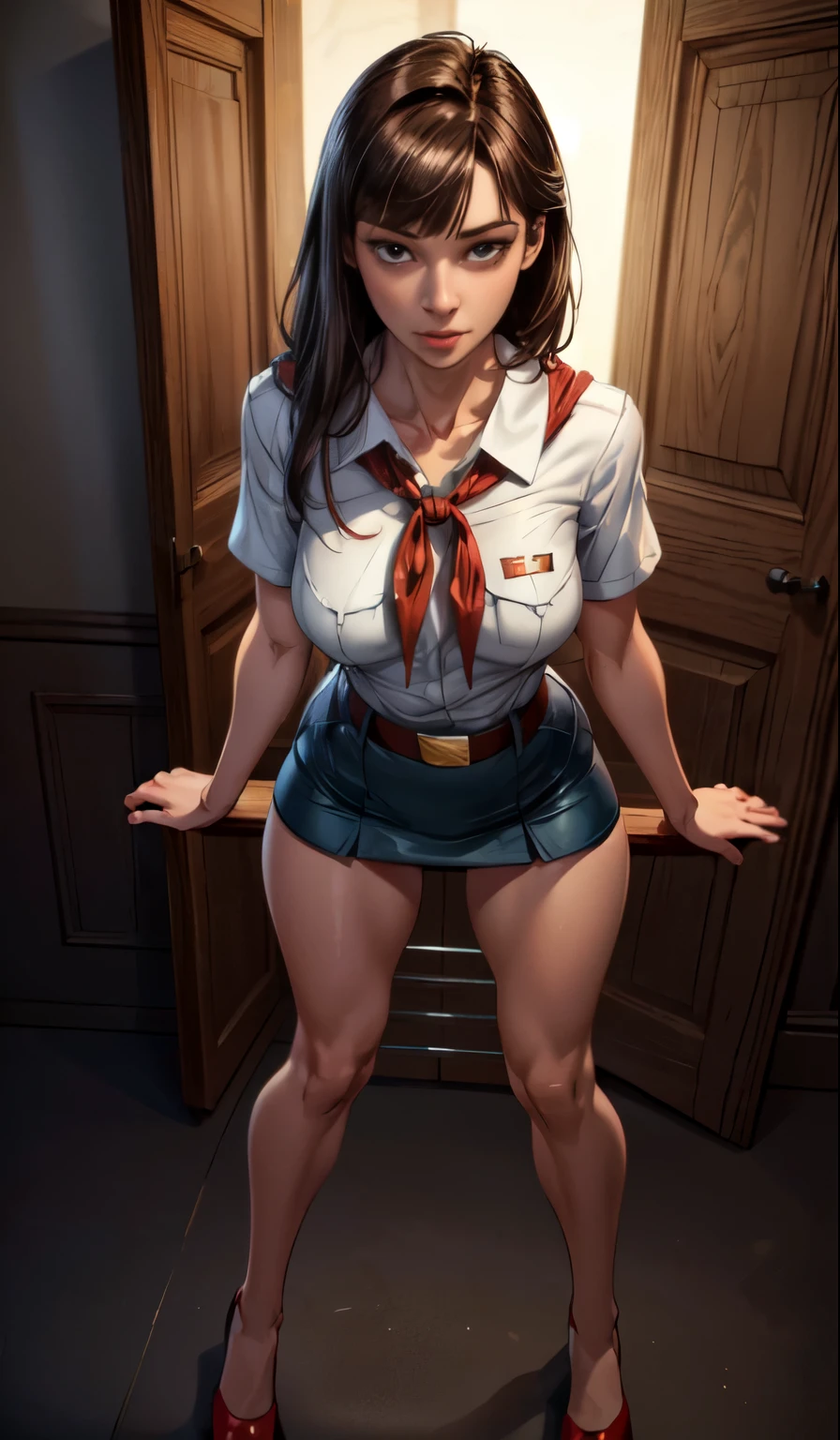 detailed eyes, (full body shot:1.2), 8k, (skinny body:1.2), curvy, (hands behind her back:1.2), seductive pose, (looking at viewer, 8k vector photography, young teen, beautiful eyes, realistic lighting, detailed outfit, realistic facial features, hyper detail, (perfect angle, focus on face hips and breastegane)), (very short dark straight hair:1.3), flat chest, pioneer neckerchief, micro blue tight skirt, bangs, shirt, collarbone, very tight white shirt, short sleeves, collared shirt, belt, eyelashes, red neckerchief, breast pocket, resembles a sex doll, maryarya