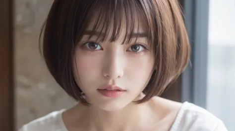 (bob cut hair:1.2),(wearing a blouse:1.2),1 girl,Japanese,21 years old,(small breasts:1.3),(highest quality,masterpiece:1.3,超A h...