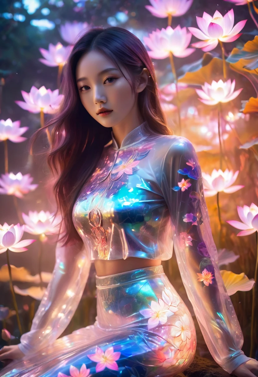 아시아 여성 1명,  아름다움，초현실주의,섹시한 투명 스타킹，홀로그램，투명한 무지개빛 긴팔，그녀의 피부는 우주의 패턴으로 빛난다，투명한 고무 스커트，그녀는 꿈꾸는 듯한 꽃밭에 둘러싸여 있습니다.，정력적인，연꽃이 활짝 피어있다，주변 조명 및 색상 캡처。여자가 평화로워 보이는데，흐르는 머리카락， 빛은 부드럽고 확산됩니다.，의상의 투명함과 빛나는 피부를 강조