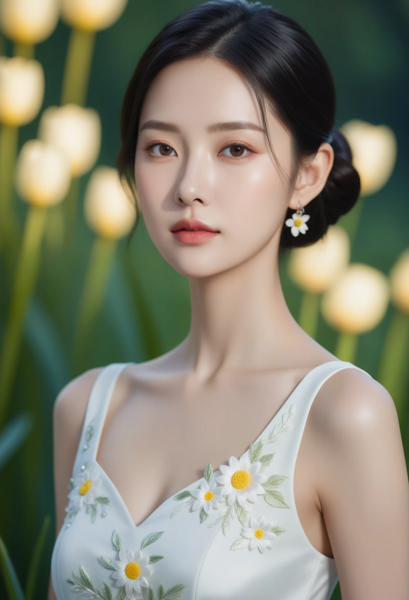 embroidery,1girl\(solo,Eyes\(Deep amber,crystal clear,long and delicate eyelashes\),Nose\(Elevated,a slightly upturned nose tip\),Lips\(Rosy color,defined lip line\),Hairstyle\(Black hair,smooth and shiny,slightly wavy at the ends\),Skin\(Fair,blemish-free,as delicate as porcelain\),Clothing\((white long dress,gorgeous):1.5,Posture\(walking confidently and gracefully,light and graceful gait\),(look at viewer,floating hair,outdoor,upper body):1.7\),
Background\((full moon,flower,daisy,birds,lily,lotus,grassland):1.5,sky,forest,lake\),
masterpiece,best quality,unreal engine 5 rendering,movie light,movie lens,movie special effects,detailed details,HDR,UHD,8K,CG wallpaper