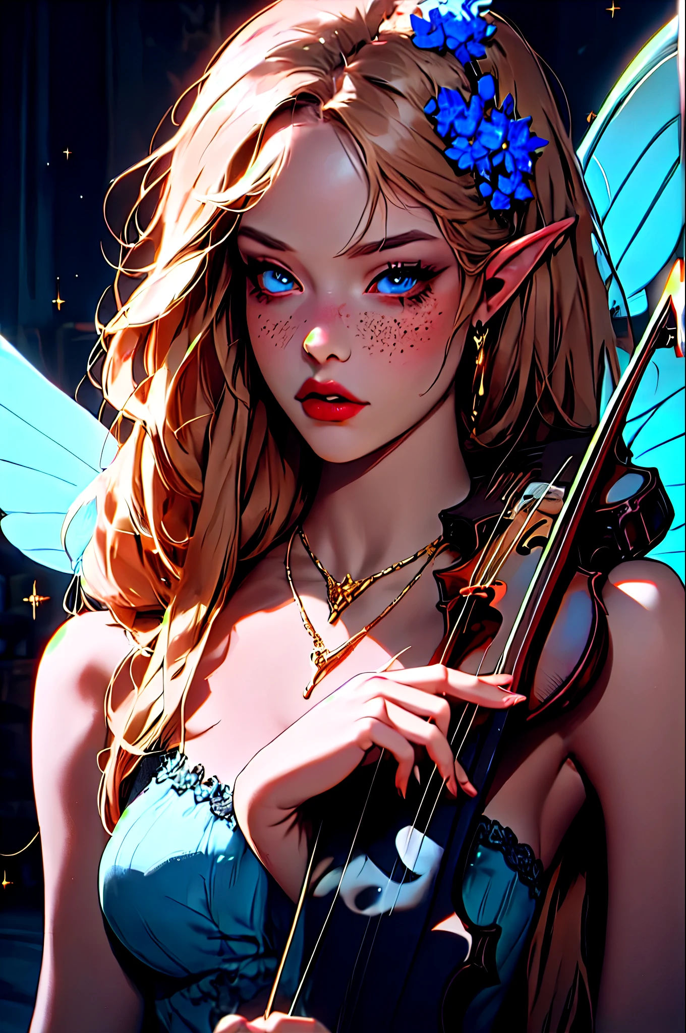 1girl, upper body, she is slightly 3:4 view, girl playing on a violin, Glass violin, gold flower patterns on the violin, elf ears, wings jewelry behind ears, plumped lips, light brown hair, long hair, (freckles:0.7), blue eyes, sparkling make up, (sparkling fairy wing necklace in her neck)
wlpstyl, blue mood, fluoresence