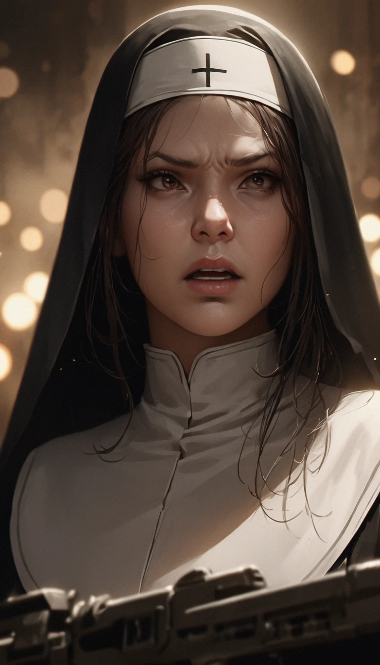 (realistic, highres, masterpiece:1.2), (full body shot:1.3), cinematic scene from a movie, nun with a gun, aiming at you wearing a black habit, shooting with determination and precision, eyes fierce and full of anger, intense and furious expression, adding a touch of film grain for a gritty feel, shallow depth of field to focus on the nun's face, creating a beautiful bokeh effect in the background, gunatyou.