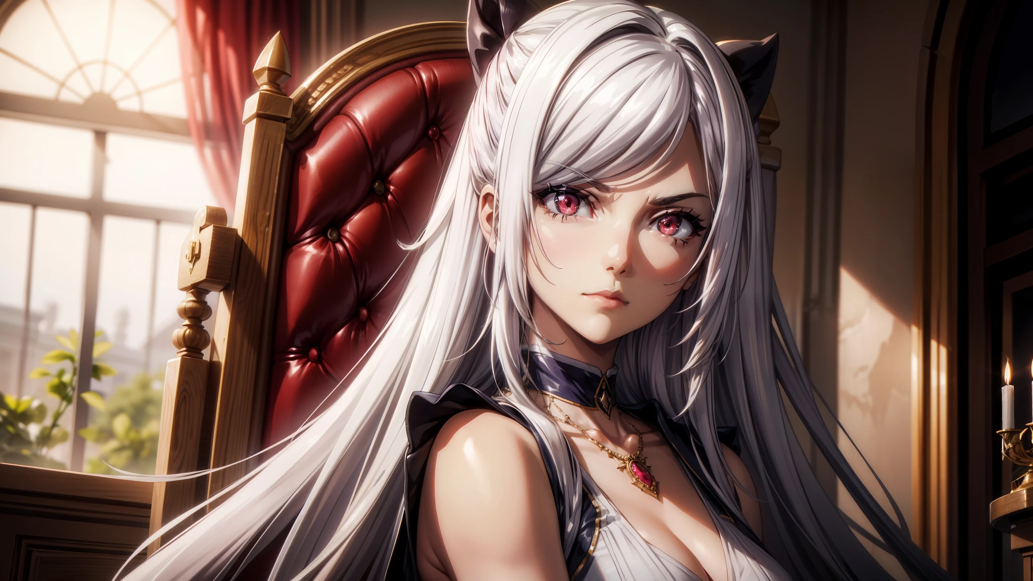 ((best quality)), ((work of art)), (detailed),Superb Quality, Masterpiece, High Resolution, 1Girl sitting on a throne, [Red eyes], [White hair], Blush, (Seductive Smile: 0.8), Star Pupil, Hair Accessories, Necklace, Jewelry, Beauty, on_body, Tyndall Effect, Realism, Black throne, , Light Edge, Two-tone Lighting, (High Detail Skin: 1.2), 8K UHD, DSLR, Soft Light, High Quality, Volume Lighting, Candid Photo, High Resolution, 4K, 8K, Background Bokeh, serious expression, villain pose, shiny hair