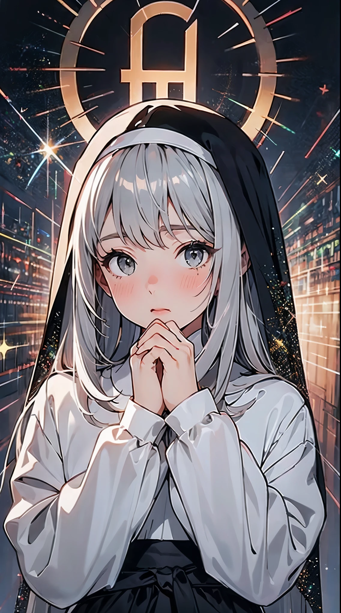 nun, portrait, 1girl, solo, nun, upper body, long sleeves, blush, habit, own hands together, long hair, looking at viewer, closed mouth, halo, bangs, dress, grey eyes, black dress, sparkle, hands up, grey hair, veil 