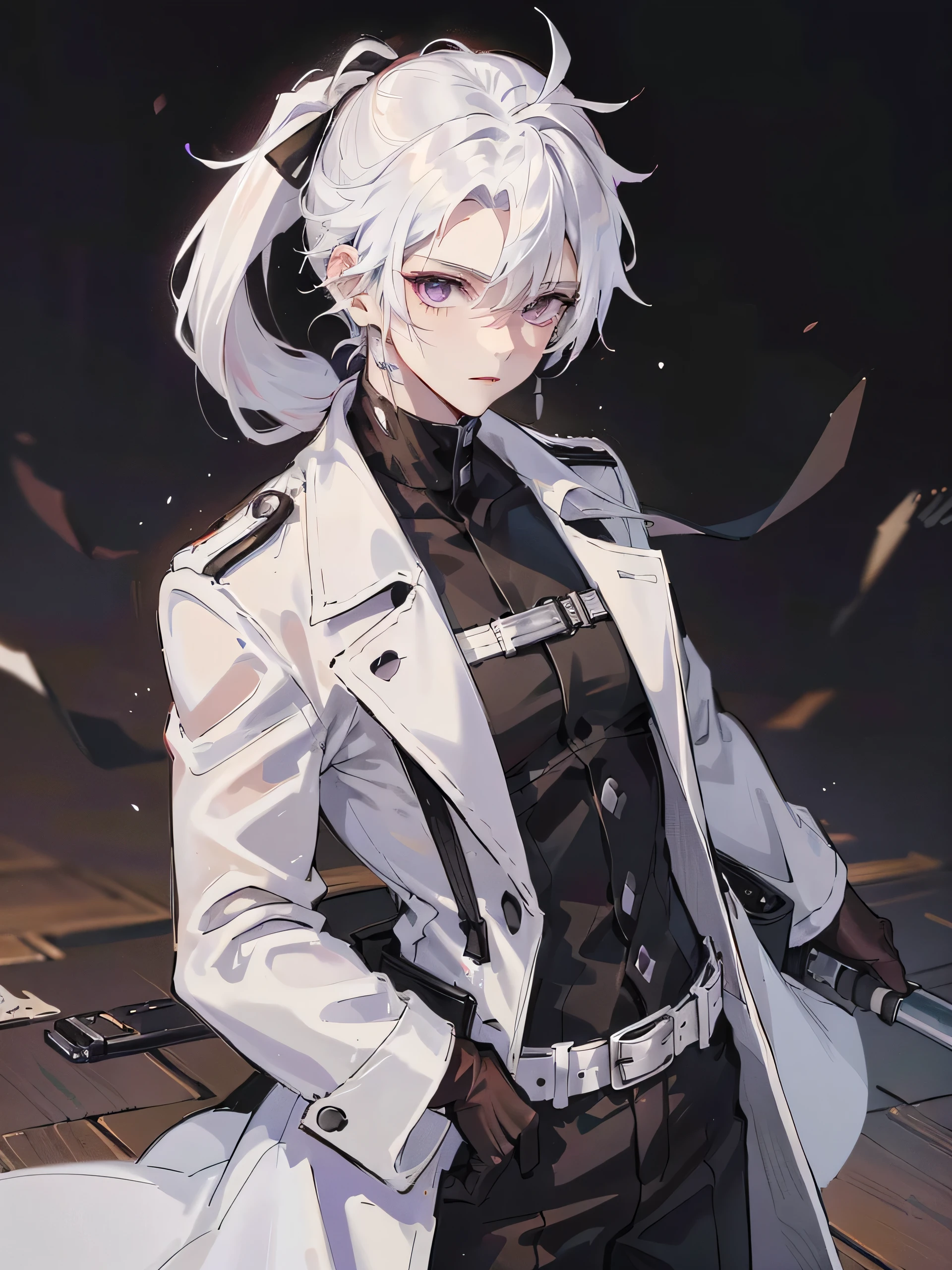 Man, male face, slightly muscular, alone, solo, white trench coat, cargo pants, black combat boots, white hair, white ponytail, ponytail, purple eyes, scars, leather holsters, black holsters, forest background, forest, no crowd, looking at viewer, side looking, black gloves, no weapons