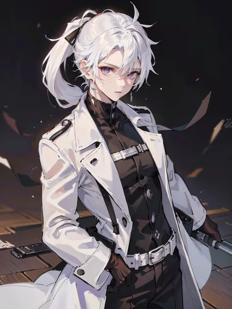 Man, male face, slightly muscular, alone, solo, white trench coat, cargo pants, black combat boots, white hair, white ponytail, ...