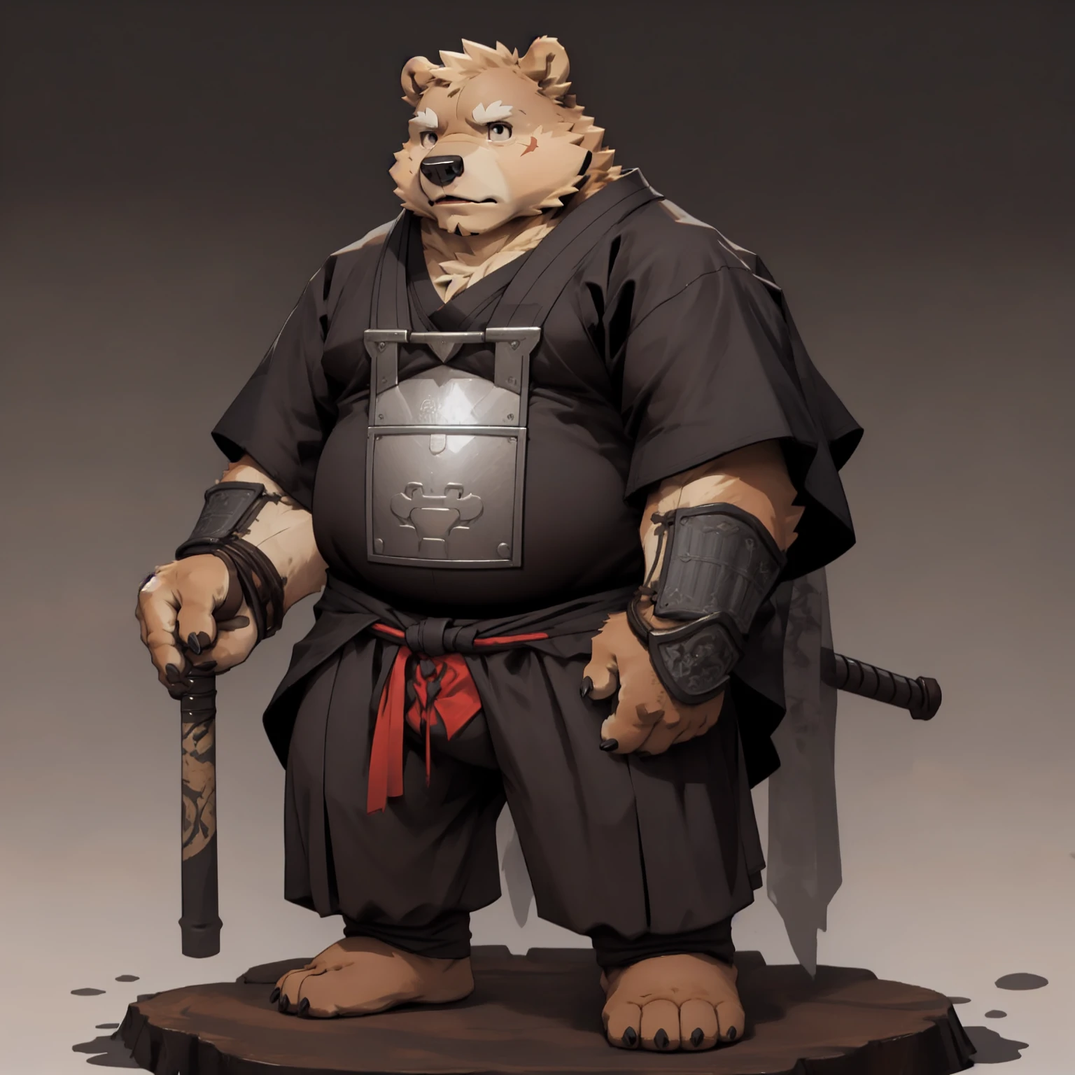 New Jersey 5 Hairy, Bear，Full body portrait of an individual, male,exquisite， chubby，thick arms，plush fur，front，stand，Ninja forehead，Breastplate，ninja clothes，Ninja pants，Ninja Bracers，Carrying a katana，calm