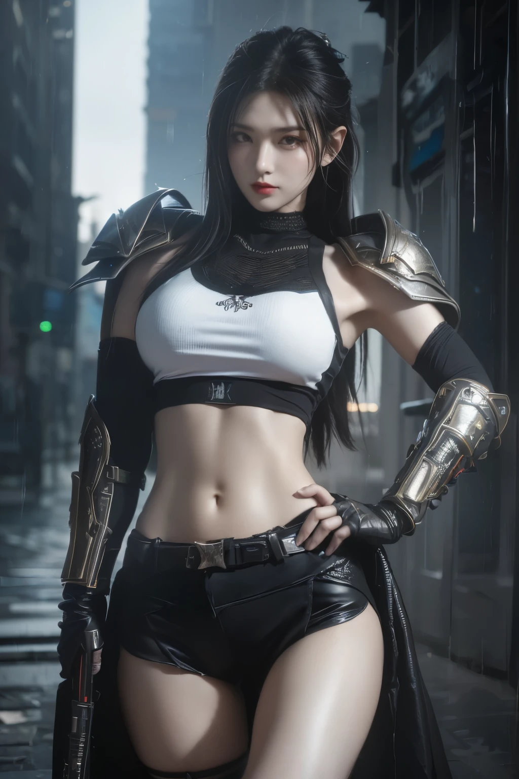 tmasterpiece,Best quality,A high resolution,8K,(Portrait photograph:1.5),(ROriginal photo),real photograph,digital photography,(Combination of cyberpunk and fantasy style),(Female soldier),20 year old girl,random hair style,By bangs,(Red eyeigchest, accessories,Redlip,(He frowned,Sneer),(Cyberpunk combined with fantasy style clothing,Openwork design,joint armor,police uniforms,Combat Assassin Costume,),exposing your navel,Photo pose,Realisticstyle,Thunder and lightning on rainy day,(Thunder magic),oc render reflection texture