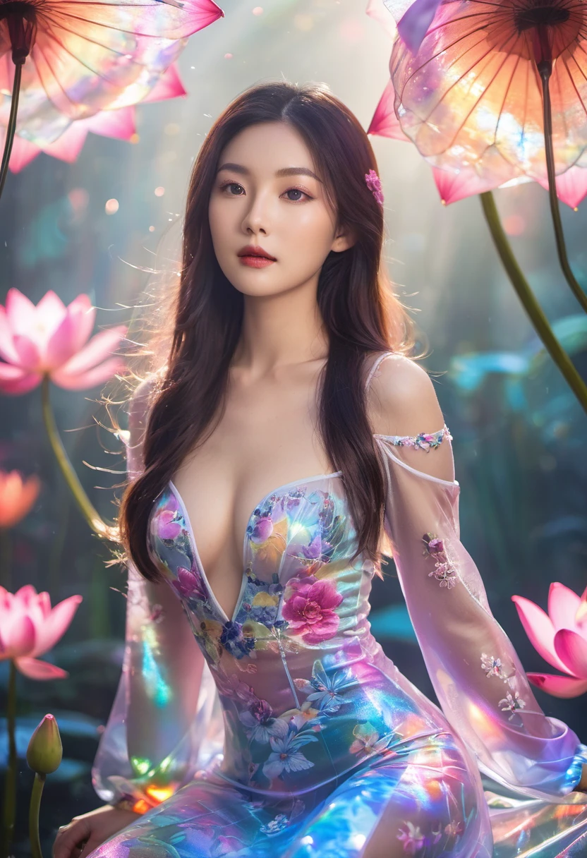 1 Asian woman,  beauty，Surrealism,Modern designer clothing，Sexy transparent tights，Breasts covered in holographic color，transparent long sleeves，Her skin glows with cosmic patterns，Transparent rubber skirt，She is surrounded by a dreamy floral scene，Energetic，Lotus flowers in bloom，Capture ambient light and color。The woman looks peaceful，Flowing hair， The light is soft and diffuse，Highlighting the transparency of her costume and the luminous quality of her skin，flash， Backlight，Translucent，light particles，Motion blurred，movie lighting effects，fractal background