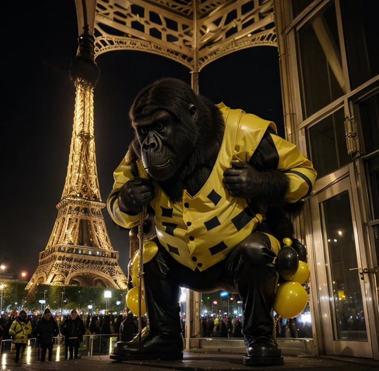King Kong suspendu à la tour Eiffel et des gilets jaunes tenant des ballons de plusieurs couleurs 