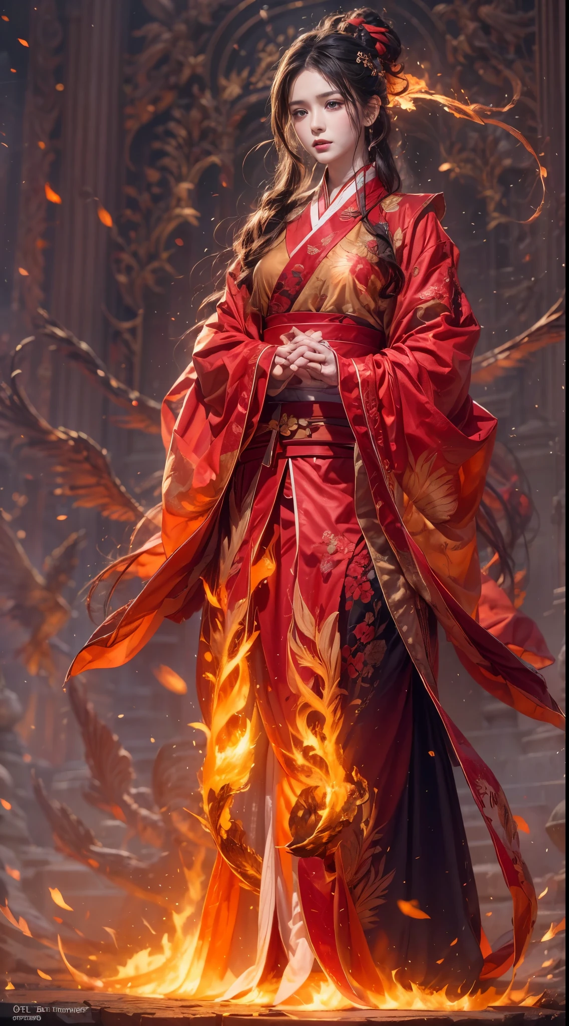 (全身ポートレート), (閉じる) ,1 女の子，韓国の女の子, 17歳, 燃えるような赤い服を着た火の魔術師（中国の漢服），ローブには複雑なルーン文字が刺繍されている，燃える香りで飾られた。彼は背が高くて力強かった，手を挙げてください，強力な火の呪文が解き放たれる, Hiの目 are firm and sharp，炎の魔術師に火が灯った&#39;の目，（巨大な炎のフェニックスが翼を広げて飛び立つ：1.2),（フェニックスの羽は燃える炎で燃える), キラキラ光る，体は炎の羽で囲まれている，ダンシング，壮観な炎の六角星配列パターンを形成する，神秘的な魔法がいっぱい，シーン全体が燃えるようなオーラと闘志に満ちている，空中に巨大な火の呪文が咲く，鮮やかな炎の弧と飛び散る火花が形作られる，（火の魔術師とフェニックス），燃え盛る炎の中で荘厳かつ神秘的に見える，火と魔法の化身のように，赤毛，高いディテール，Surリアリズム，リアリズム，（（半身写真）），（実写：1.4），（明暗法），映画照明，リアルな特殊効果，Octaneによるレンダリング，レイトレーシング，パノラマ，視点，キメのある肌，超詳細，超高解像度，傑作，解剖学的に正しい，最高品質，高解像度，8k