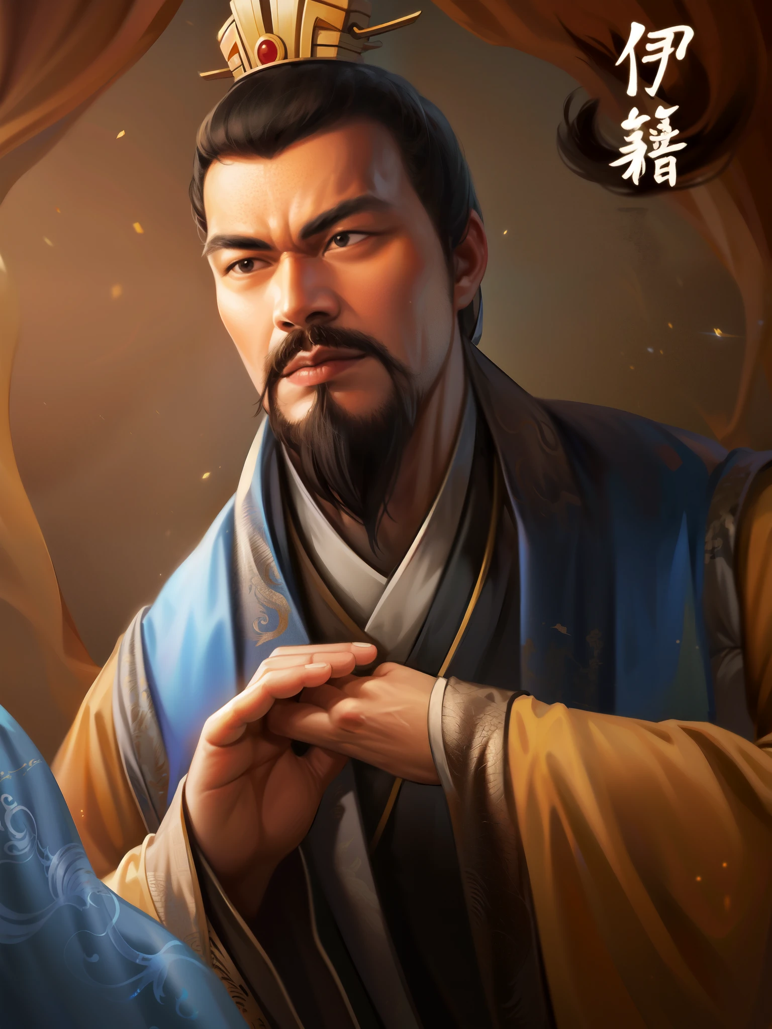 Arafad image of a man with a crown on his head, inspired by Wu Daozi, Inspired by Cao Zhibai, inspired by Zhao Mengfu, Inspired by Zhao Yuan, Inspired by Wu Bin, feng shu, bian lian, liang xing, Inspired by Zhu Derun, Inspired by Dong Yuan, inspired by Wu Zuoren