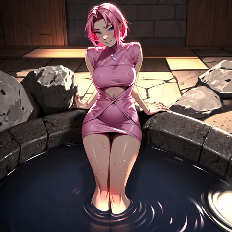 (alone in a stream bath tub) (ultra-detailed),(radiant colors) (pink lighting) on knees, head up, flirty smile,stunning pink eye...