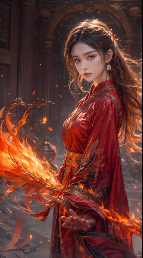 (full body portrait), (close up) ,1 girl，korean girl, 17 years old, Fire mage wearing fiery red clothes（Chinese Hanfu），The robe ...