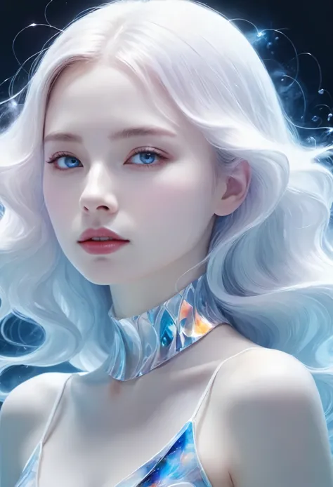 Painting of a beautiful young woman., mysterious waves at night. 3d. white，shallow. The melting beauty of the universe. Surreali...