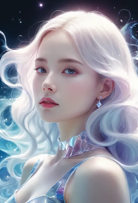 Painting of a beautiful young woman., mysterious waves at night. 3d. white，shallow. The melting beauty of the universe. Surreali...