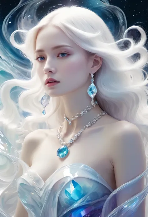 Painting of a beautiful young woman，jewelry，Mysterious Waves. 3d. white，shallow. The beauty of the fusion of the universe. Surre...
