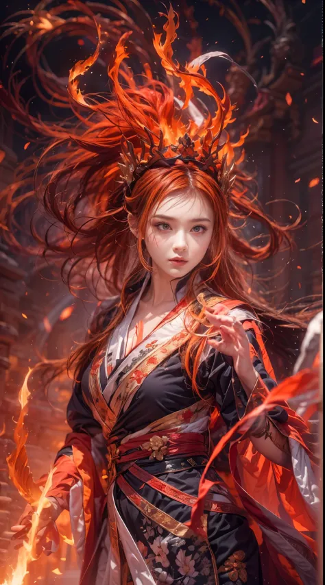 (full body portrait), (close up) ,1 girl，korean girl, 17 years old, Fire mage wearing fiery red clothes（Chinese Hanfu），The robe ...