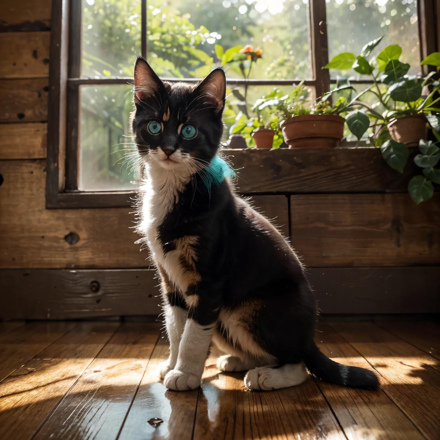 (Meilleure qualité, 4k, haute résolution), petit chaton noir moelleux, debout sur une vieille fenêtre en bois de couleur turquoise, envahi à l&#39;extérieur et à l&#39;intérieur par de belles brindilles avec de grandes feuilles vertes vibrantes, la douce lumière du soleil filtre à travers les feuilles, un soupçon de rosée du matin sur la surface de la fenêtre, des ombres ludiques dansant sur les murs et le sol, détails nets de la fourrure du chaton et de grands yeux ronds et brillants, des couleurs vives mettant en valeur la gentillesse du chaton et la beauté naturelle de l&#39;environnement, ambiance rêveuse et chaleureuse, dépeignant un sentiment de confort et de tranquillité.